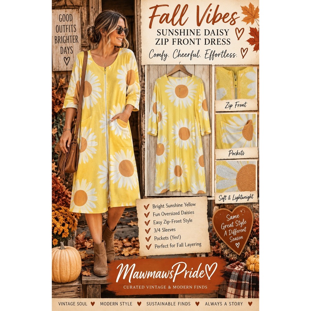 Ekouaer Womens Yellow Daisy Zip Front House Dress Floral Waffle Knit Lounger L